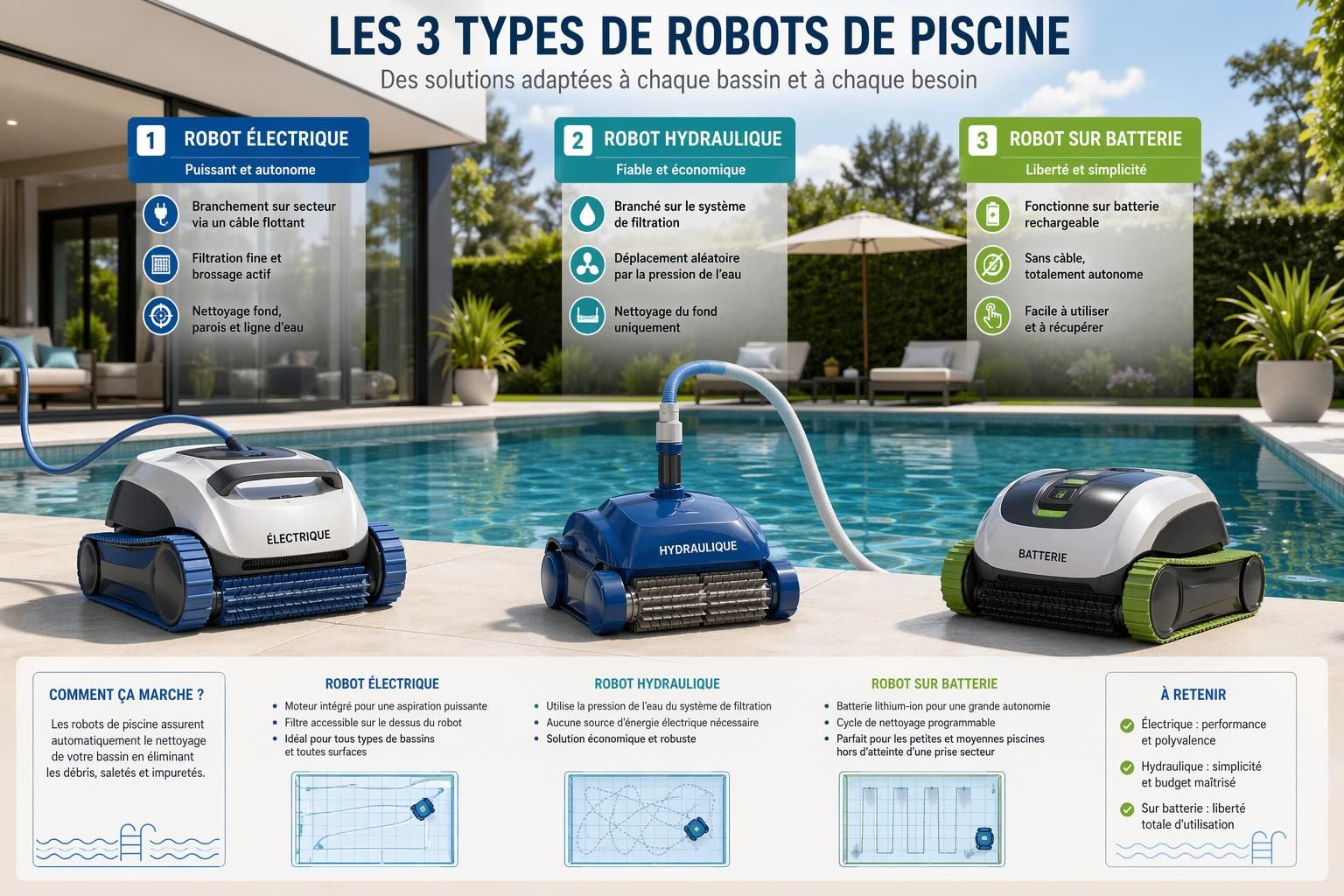 découvrez les différences entre robot de piscine électrique, hydraulique et sur batterie pour choisir celui qui convient le mieux à vos besoins de nettoyage.